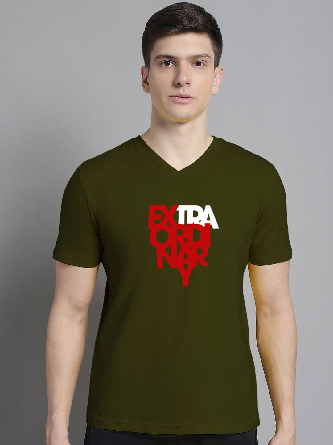 

FBAR Typography Printed V-Neck Cotton Slim Fit T-shirt, Olive