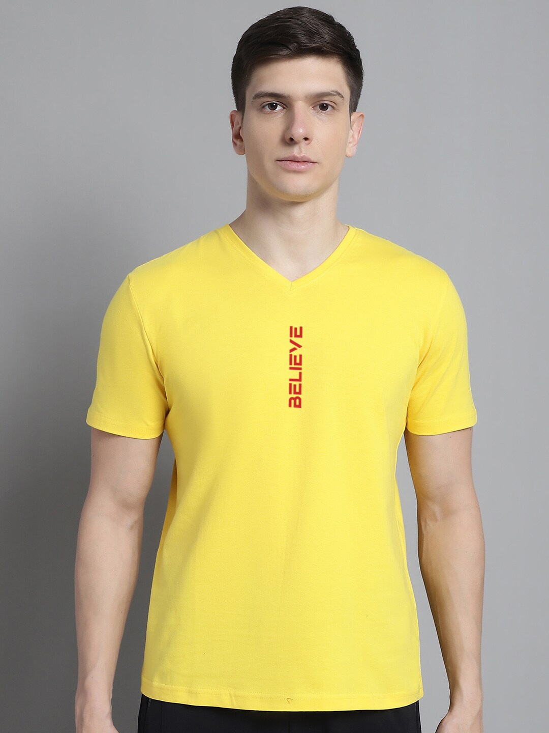

FBAR Typography Printed V-Neck Cotton Slim Fit T-shirt, Yellow
