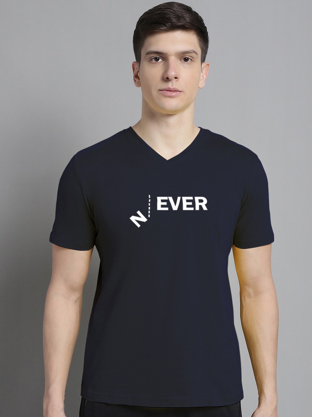 FBAR Typography Printed Slim Fit Cotton T-shirt, Navy blue