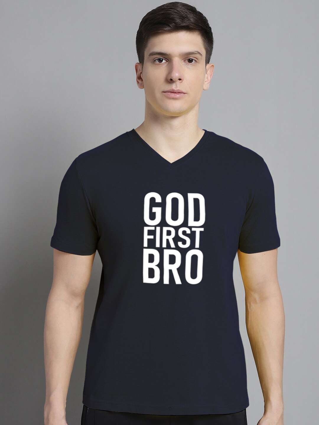 FBAR Typography Printed Slim Fit Cotton T-shirt, Navy blue