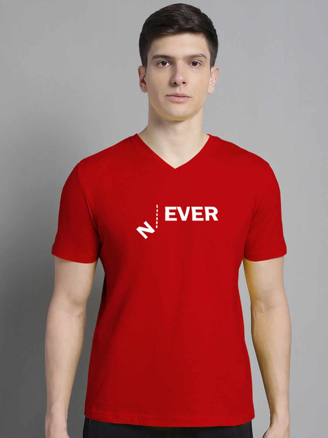 

FBAR Typography Printed V-Neck Slim Fit Cotton T-shirt, Red