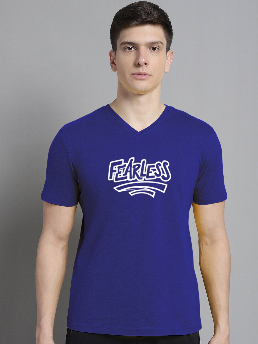 

FBAR Typography Printed V-Neck Slim Fit Cotton T-shirt, Blue