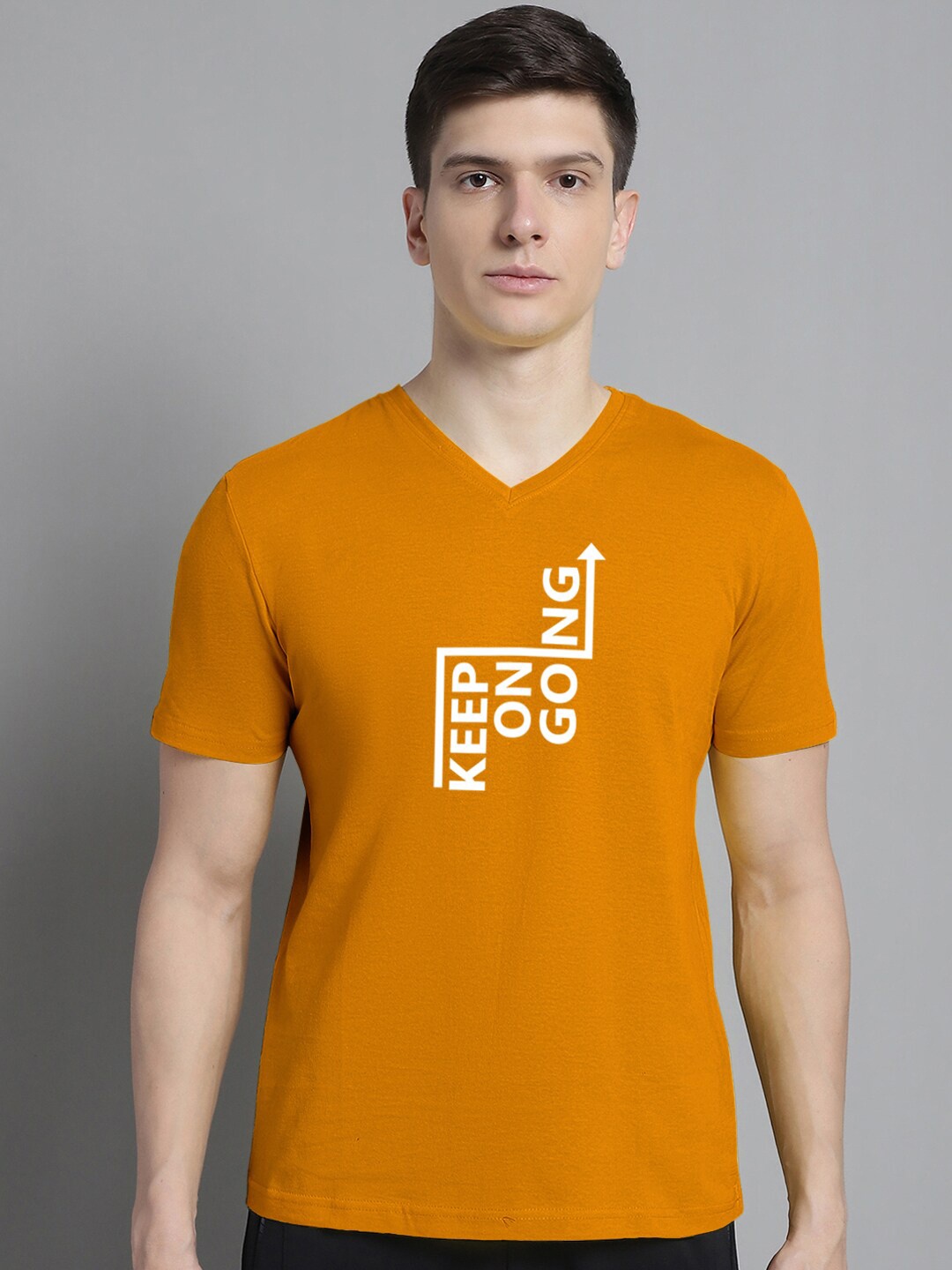 

FBAR Typography Printed V-Neck Slim Fit Cotton T-shirt, Orange