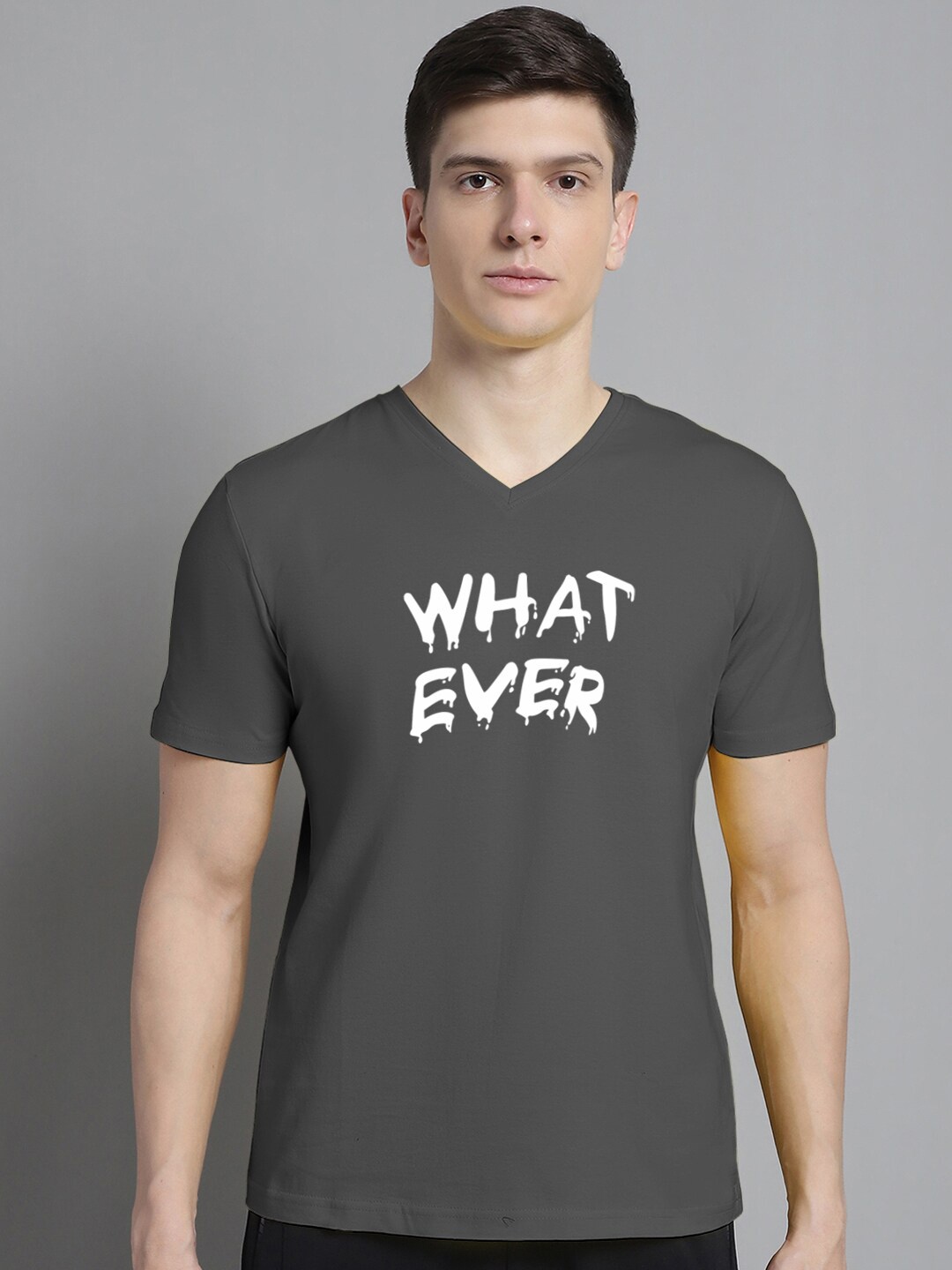 

FBAR Typography Printed V-Neck Slim Fit Cotton T-shirt, Grey