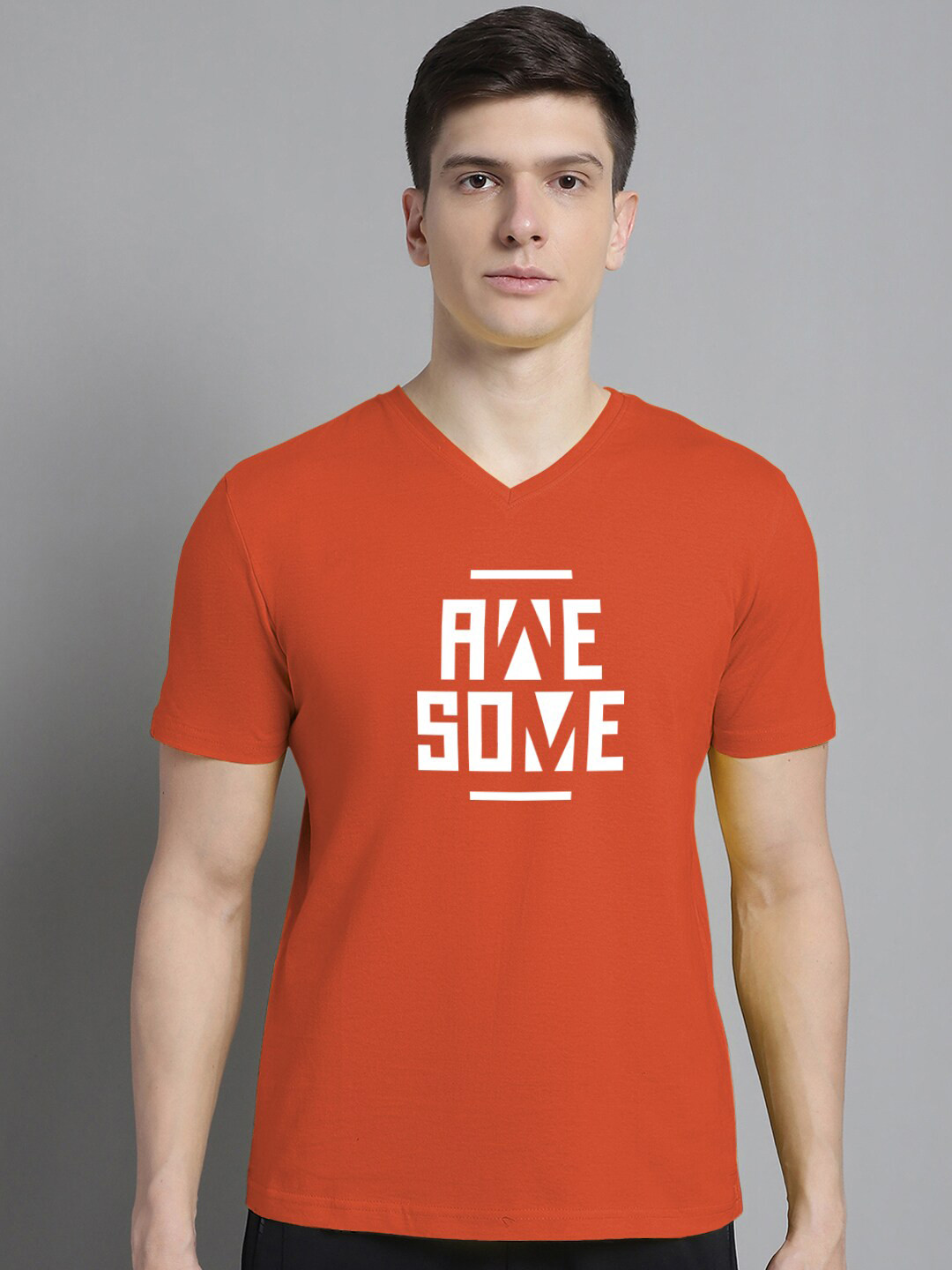 

FBAR Typography Printed V-Neck Slim Fit Cotton T-shirt, Orange