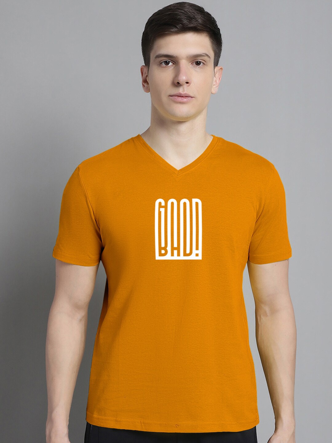 FBAR Typography Printed V-Neck Slim Fit Cotton T-shirt, Orange