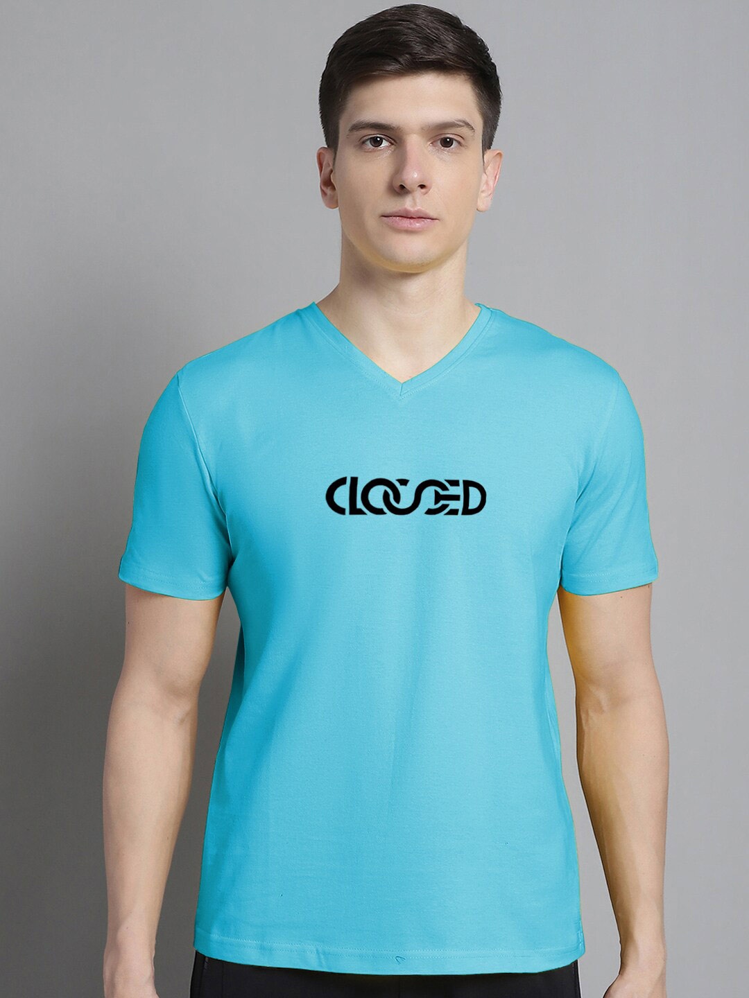 

FBAR Typography Printed V-Neck Slim Fit Cotton T-shirt, Turquoise blue