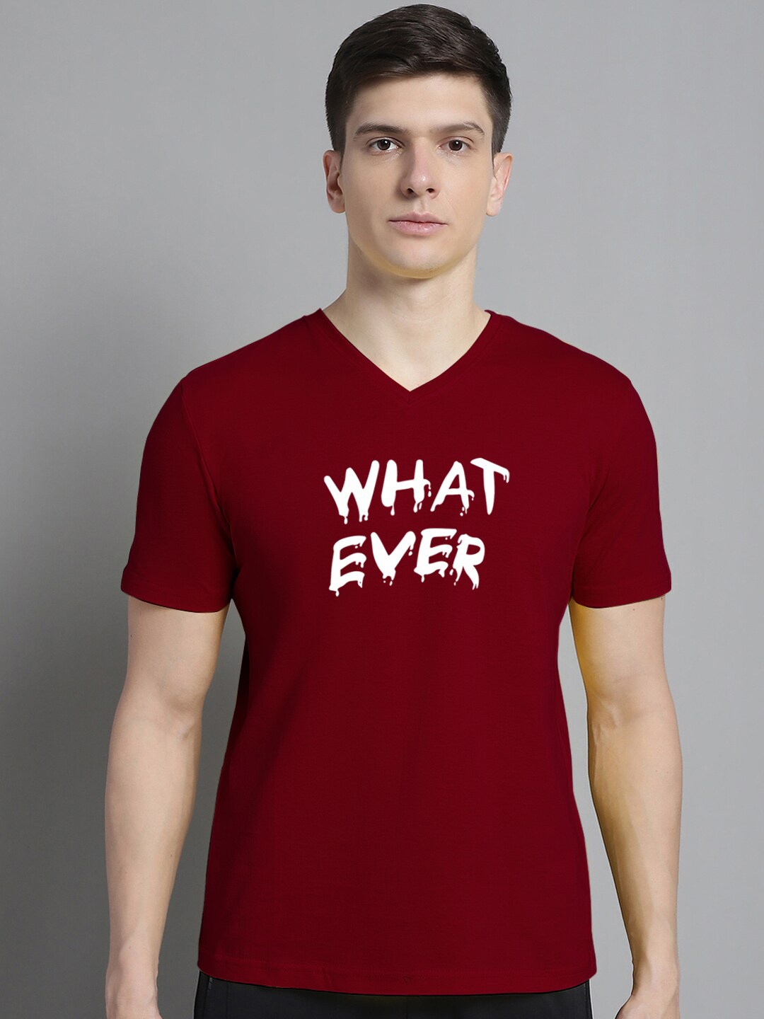 FBAR Typography Printed V-Neck Slim Fit Cotton T-shirt, Maroon