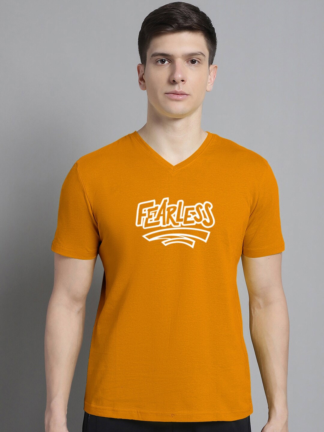 

FBAR Typography Printed V-Neck Slim Fit Cotton T-shirt, Mustard