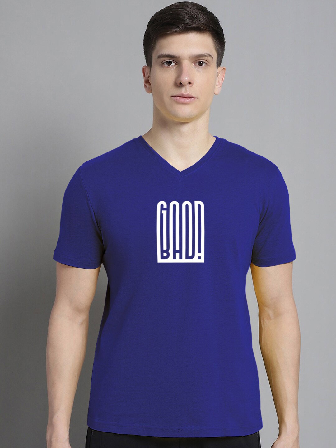 

FBAR Typography Printed V-Neck Slim Fit Cotton T-shirt, Blue