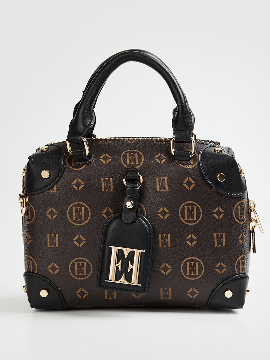 

ELLE Typography Printed Structured Handheld Bag, Brown