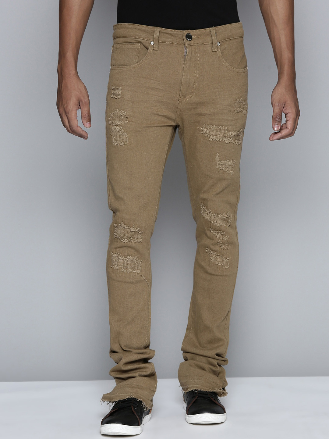 

WAIMEA Men Hollywood Bootcut Mildly Distressed Stretchable Jeans, Khaki