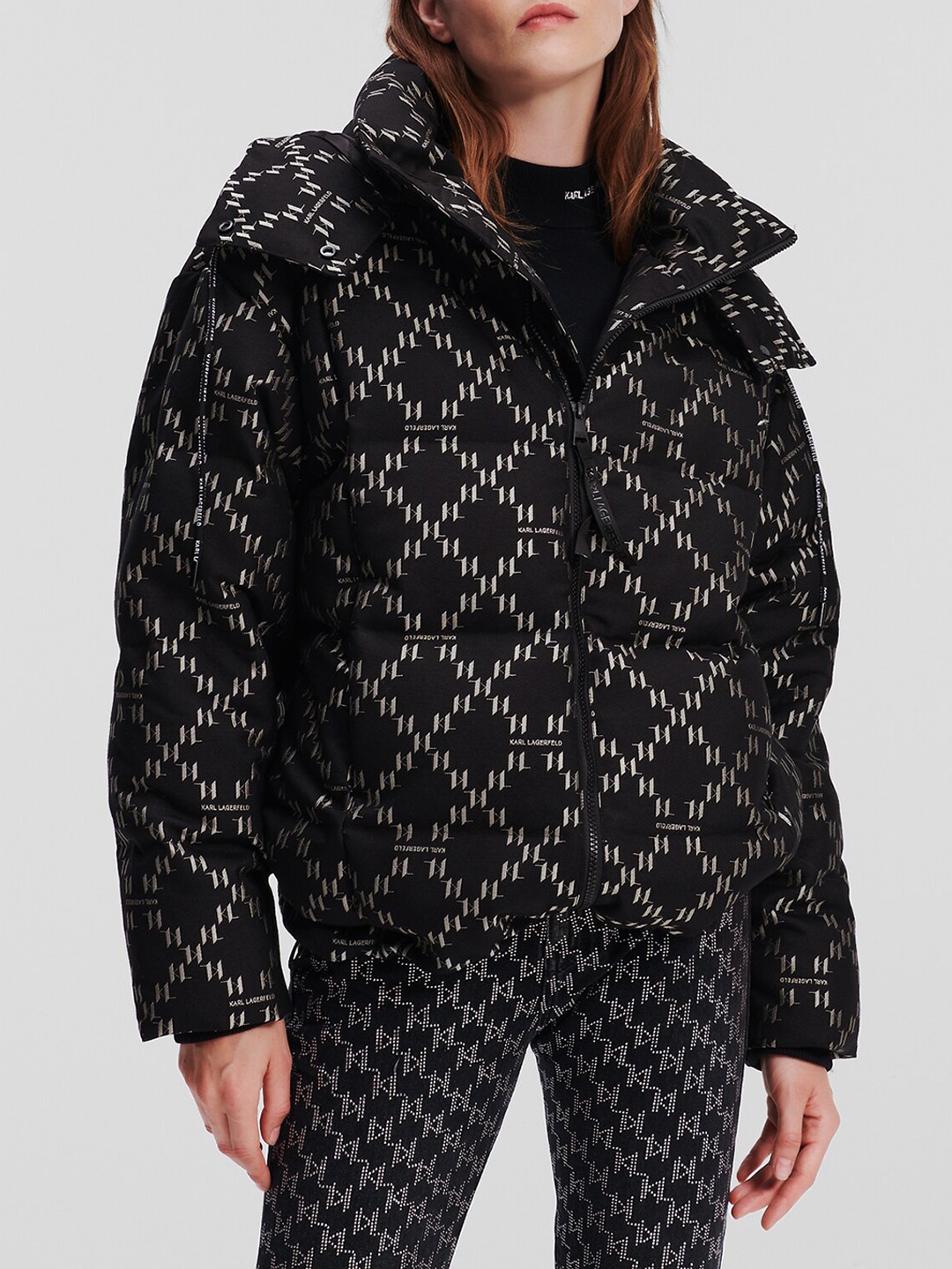 

Karl Lagerfeld Geometric Woven Design Hooded Puffer Jacket, Black