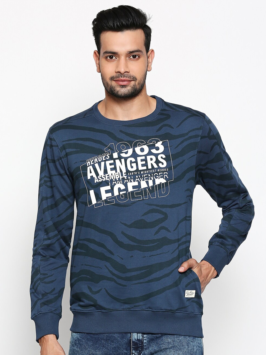 

SF JEANS by Pantaloons Typography Printed Round Neck Cotton Pullover, Navy blue