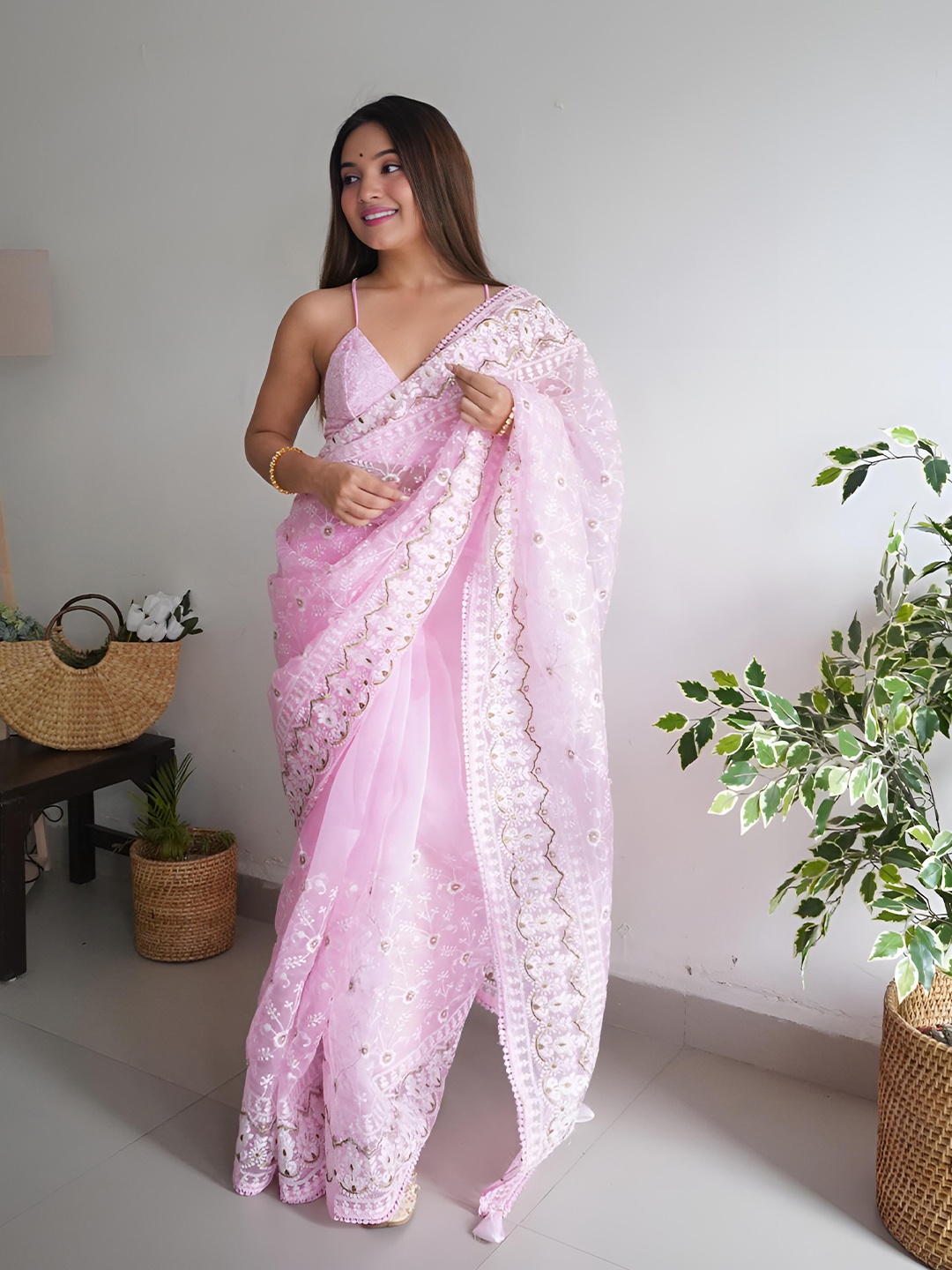 

Anouk Pink & White Floral Embroidered Organza Saree