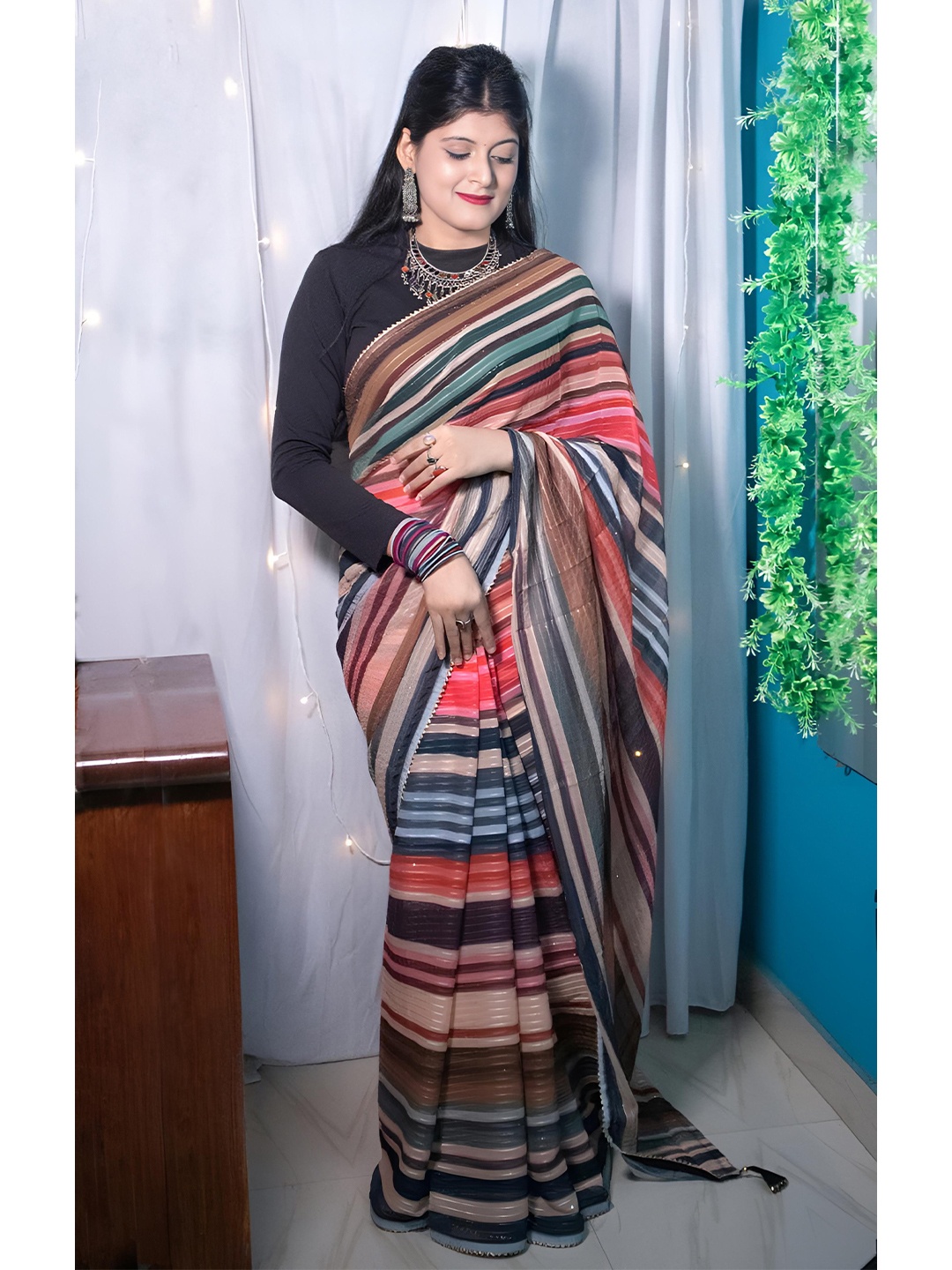 

Anouk Green & Pink Striped Gotta Patti Saree