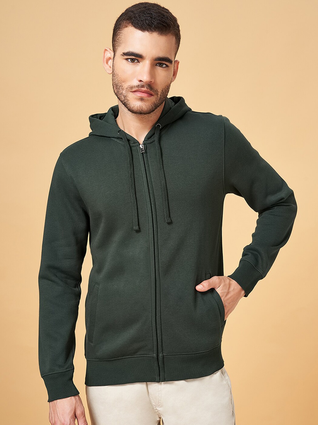 

Urban Ranger by pantaloons Hooded Cotton Front Open Sweatshirt, Green