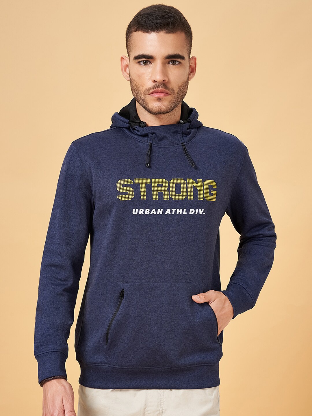 

Urban Ranger by pantaloons Typography Printed Hooded Kangaroo Pockets Pullover Sweatshirt, Navy blue
