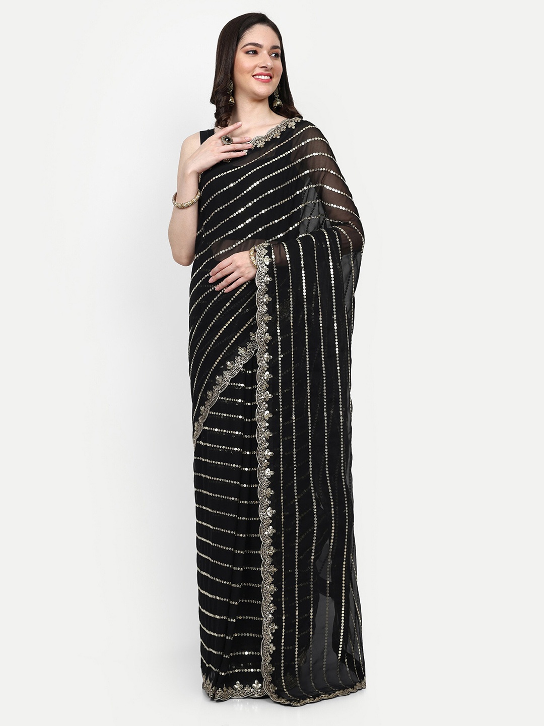 

DWIZA ENTERPRISE Embellished Embroidered Sequined Pure Georgette Saree, Black