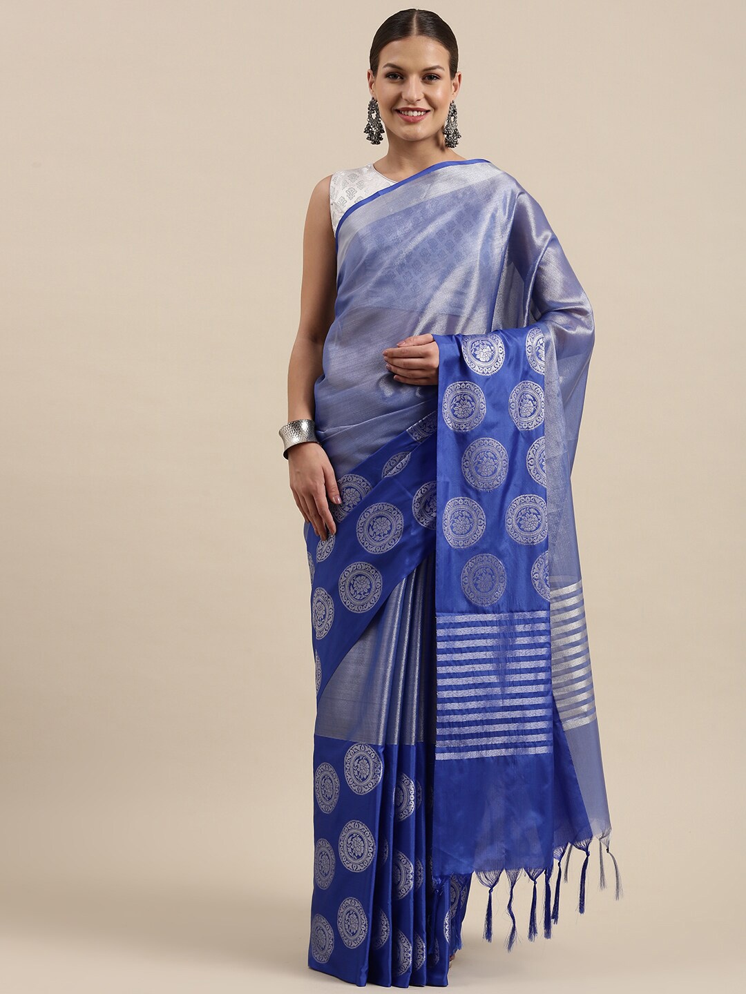 

Humairah Ethnic Motifs Woven Design Zari Silk Blend Kanjeevaram Saree, Blue