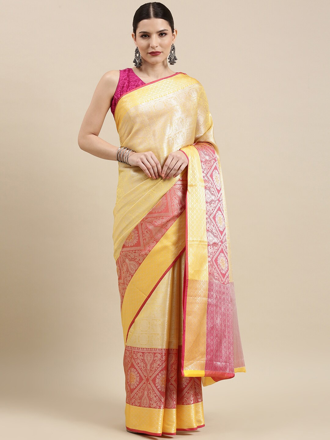 

Humairah Ethnic Motifs Woven Design Zari Silk Blend Designer Kanjeevaram Saree, Yellow