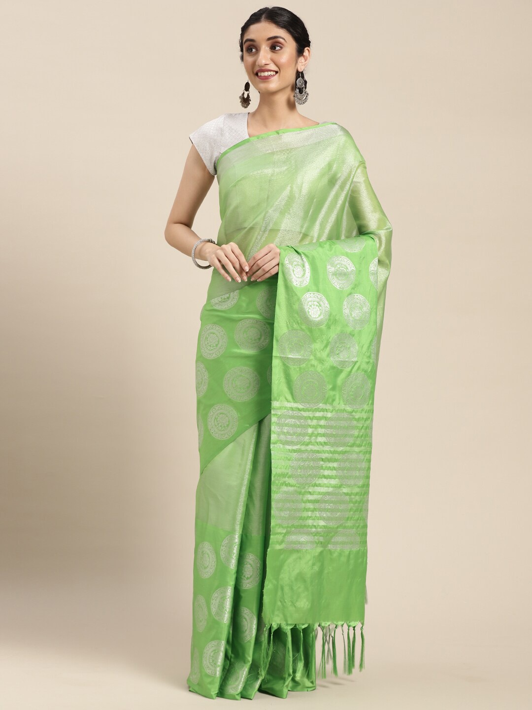 

Humairah Ethnic Motifs Woven Design Zari Silk Blend Kanjeevaram Saree, Green