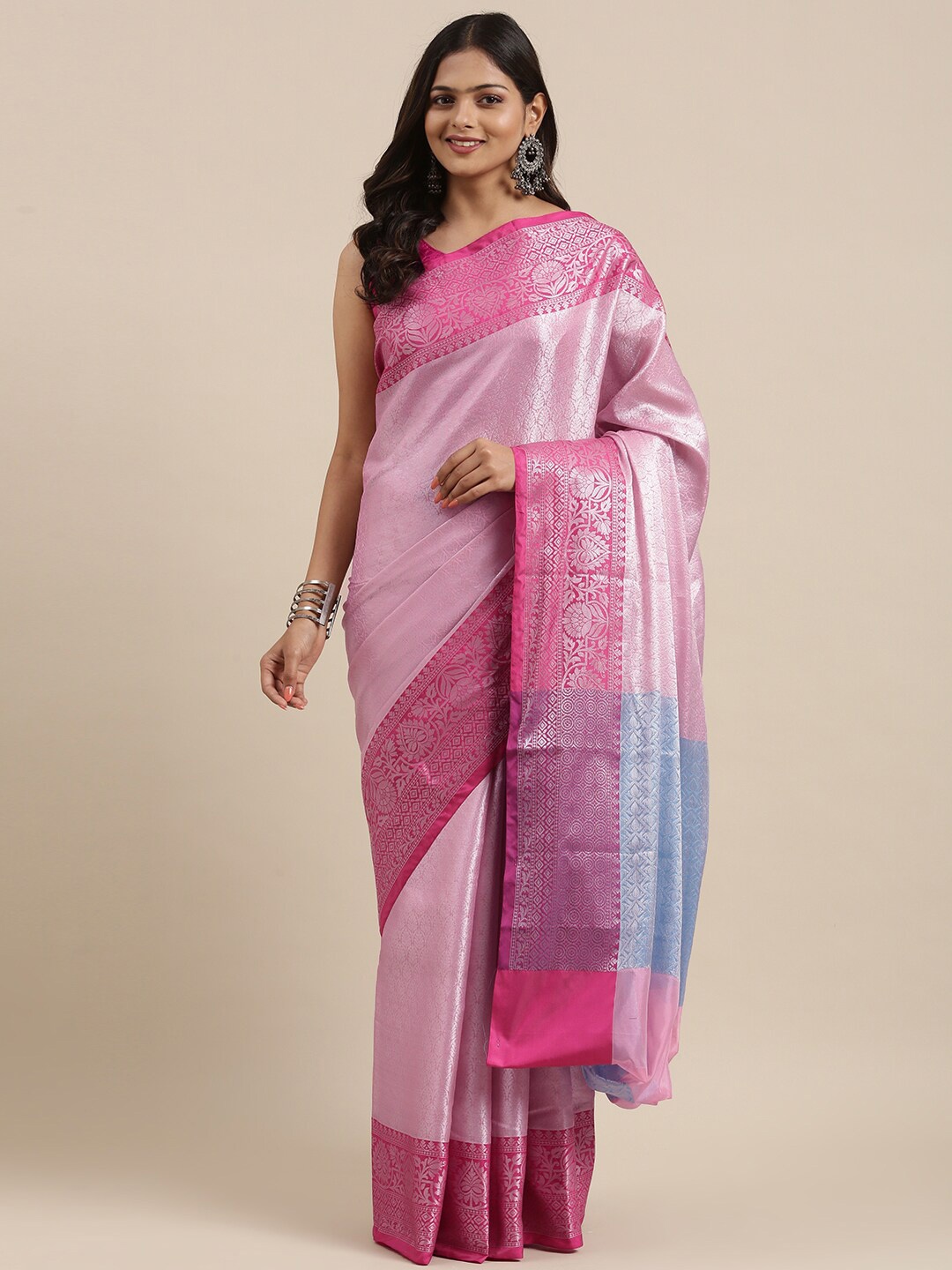 

Humairah Ethnic Motifs Woven Design Zari Silk Blend Kanjeevaram Saree, Pink