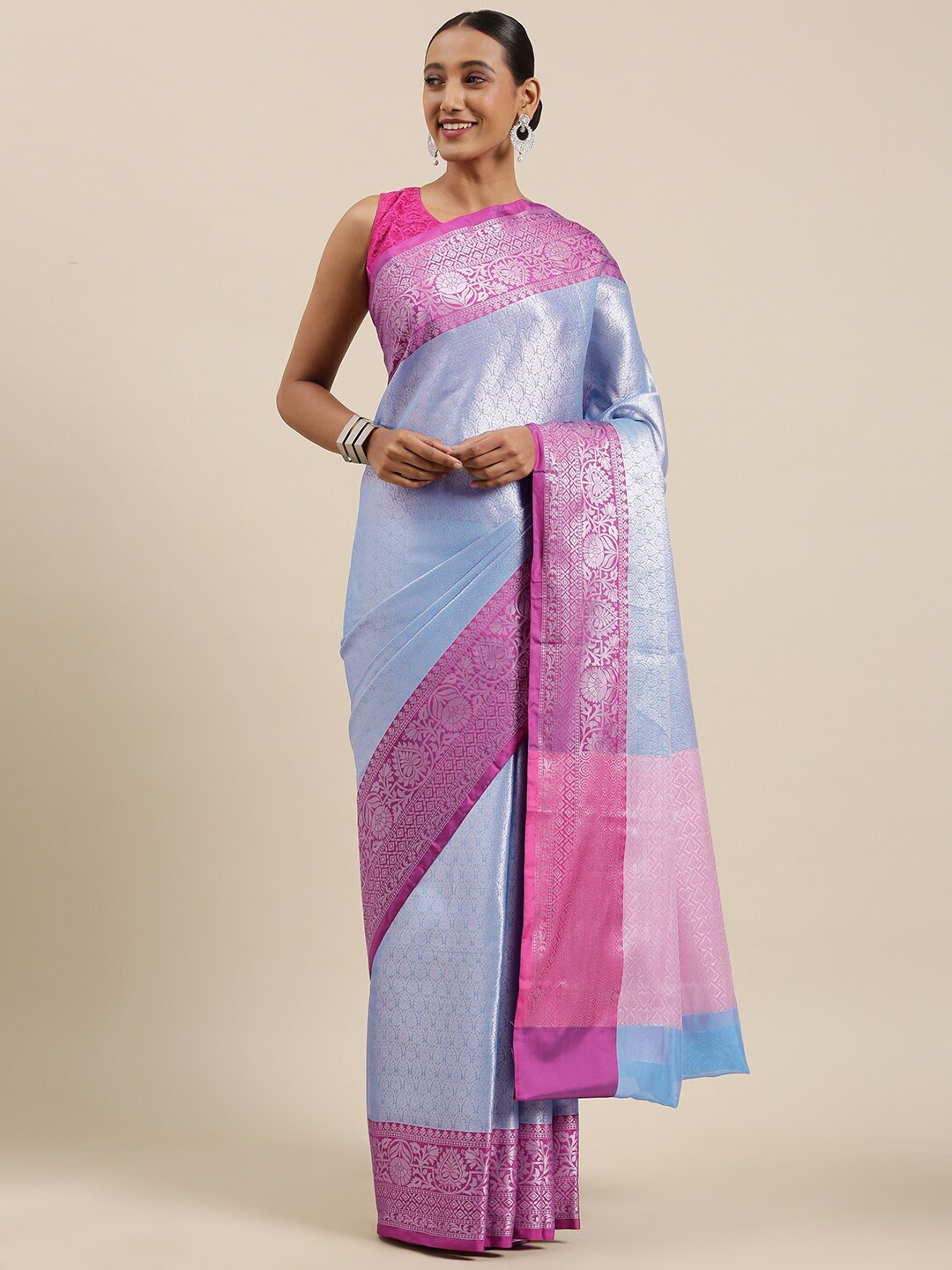 

Humairah Ethnic Motifs Woven Design Zari Silk Blend Kanjeevaram Saree, Blue