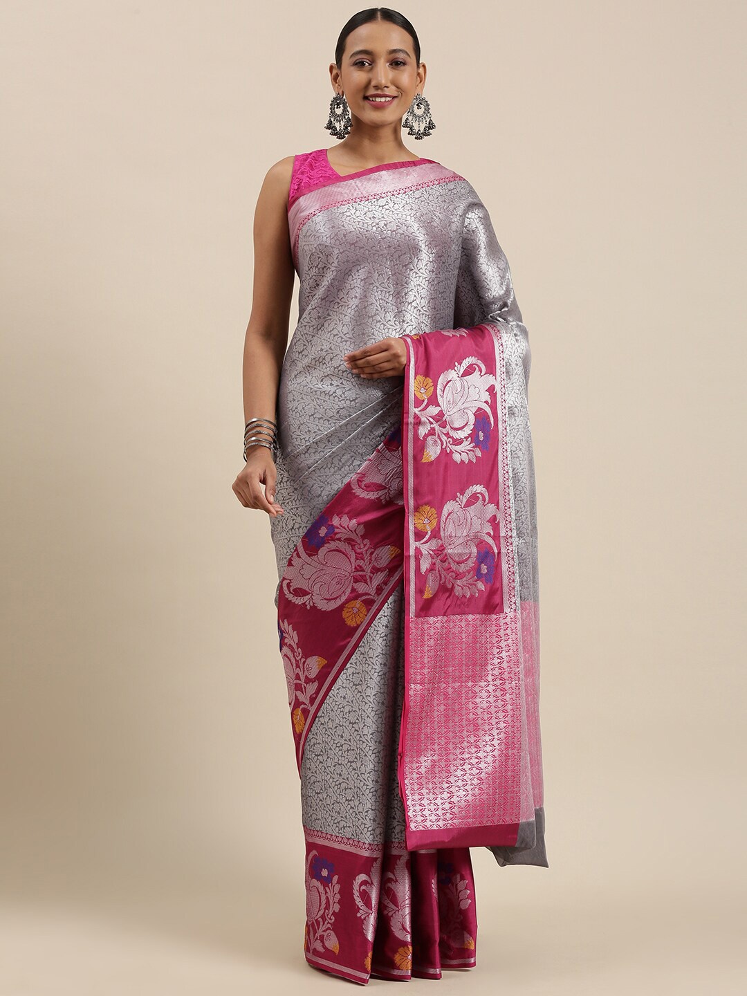 

Humairah Ethnic Motifs Woven Design Zari Silk Blend Kanjeevaram Saree, Grey