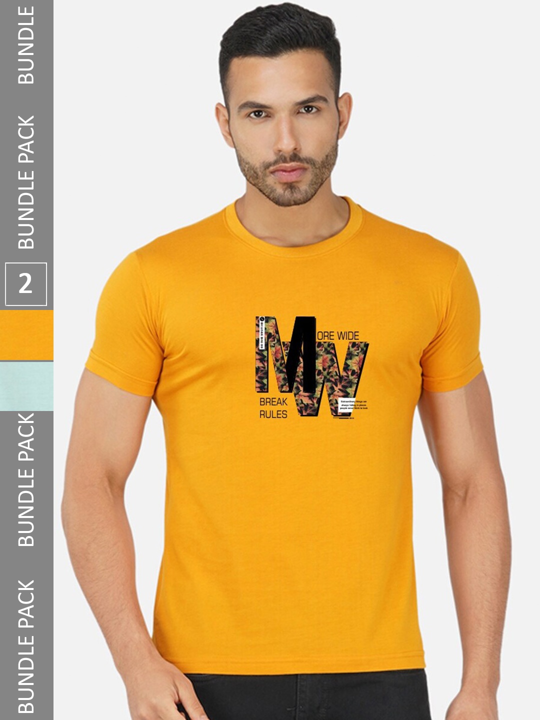 CHOZI Pack Of 2 Printed Cotton T-shirt, Mustard