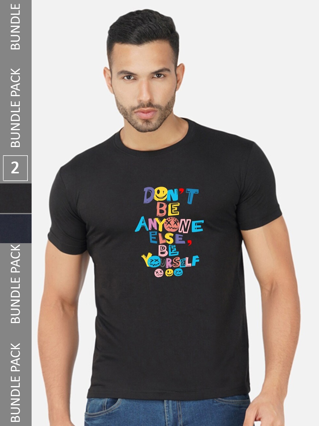 CHOZI Pack Of 2 Printed Cotton T-shirt, Black