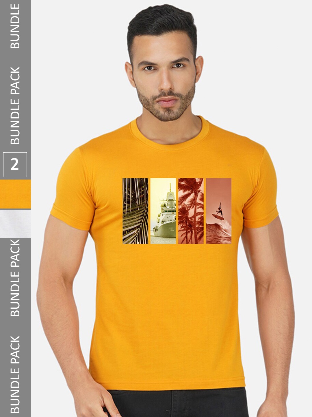 

CHOZI Pack Of 2 Printed Cotton T-shirt, Mustard