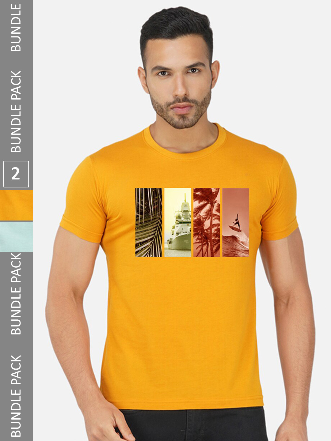 

CHOZI Pack Of 2 Printed Cotton T-shirt, Mustard