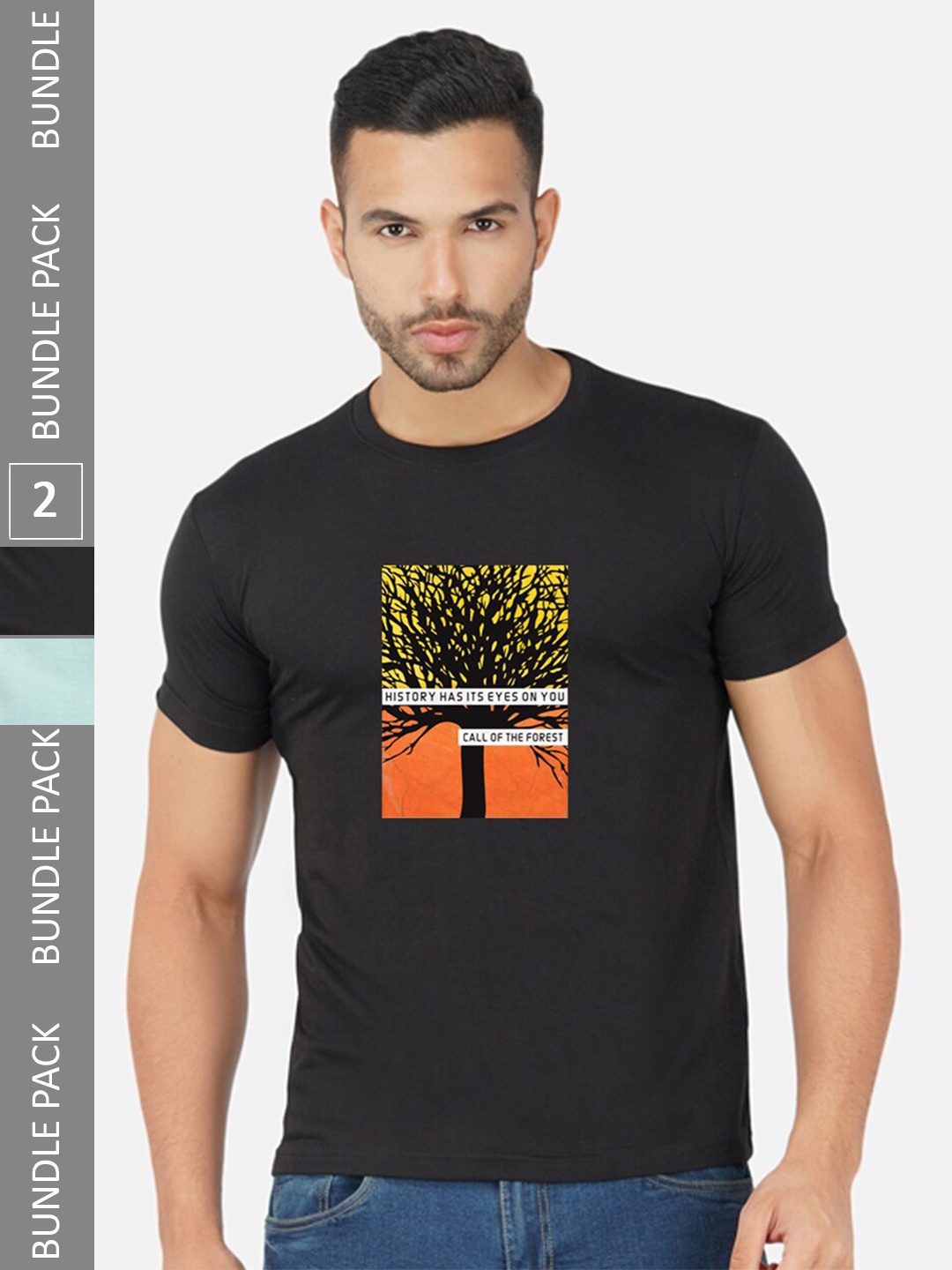 CHOZI Pack Of 2 Printed Cotton T-shirt, Black