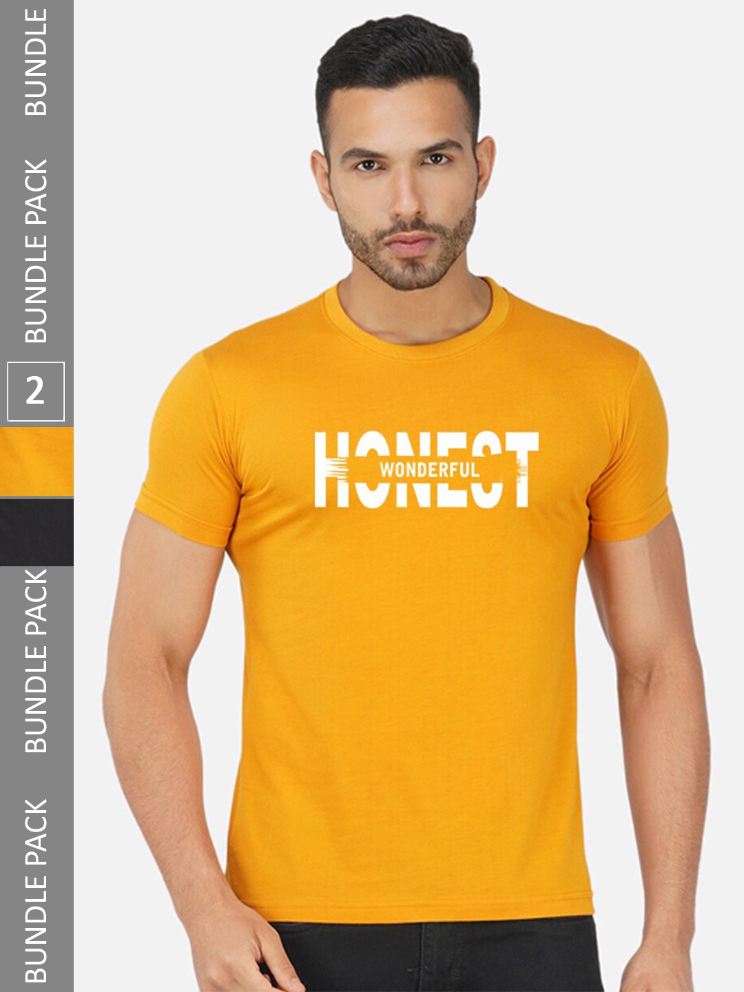 

CHOZI Pack Of 2 Printed Cotton T-shirt, Mustard