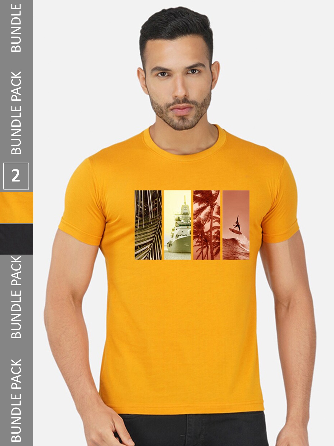 

CHOZI Pack Of 2 Printed Cotton T-shirt, Mustard