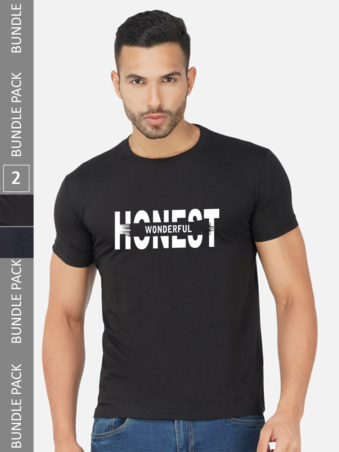 

CHOZI Pack Of 2 Typography Printed Round Neck Cotton Casual T-shirt, Black