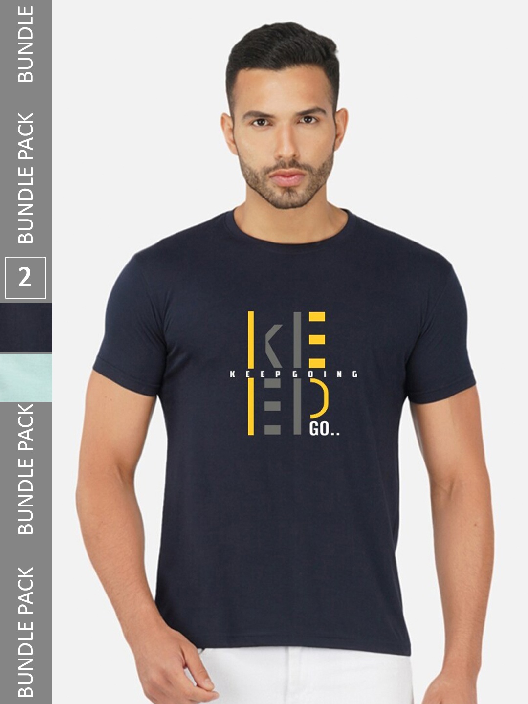 

CHOZI Pack Of 2 Typography Printed Round Neck Cotton Casual T-shirt, Navy blue