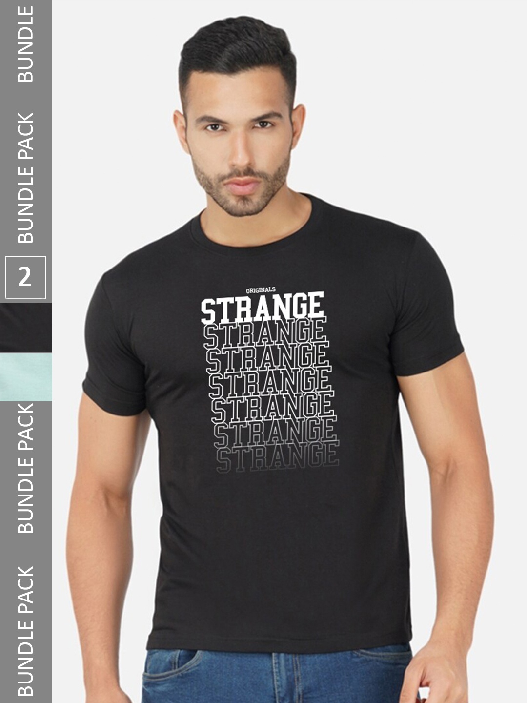CHOZI Pack Of 2 Typography Printed Round Neck Cotton Casual T-shirt, Black