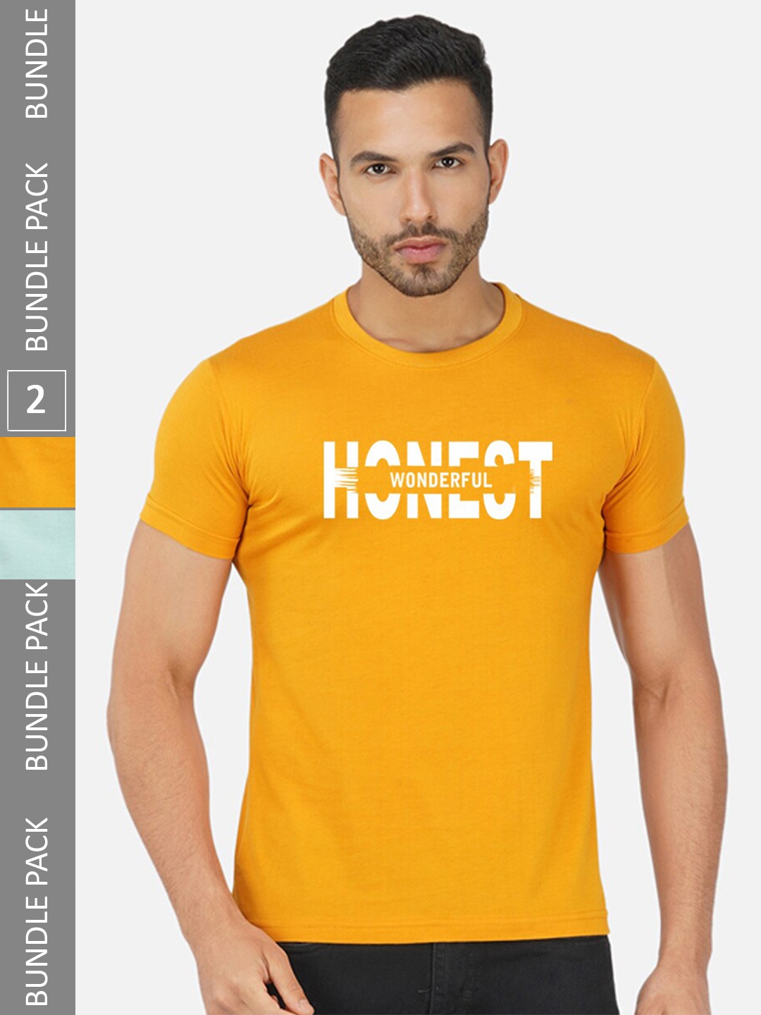 

CHOZI Pack Of 2 Typography Printed Round Neck Cotton Casual T-shirt, Mustard