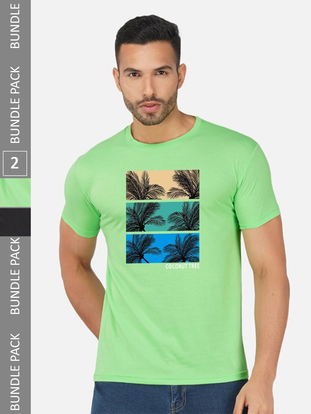 

CHOZI Pack Of 2 Graphic Printed Round Neck Cotton Casual T-shirt, Lime green