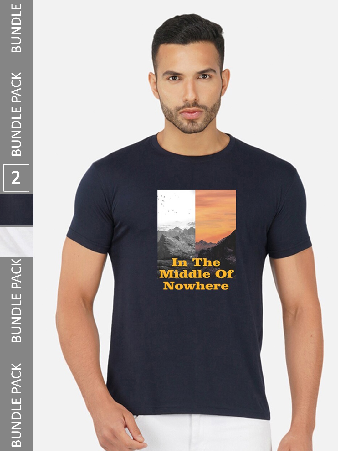 

CHOZI Pack Of 2 Typography Printed Round Neck Cotton Casual T-shirt, Navy blue
