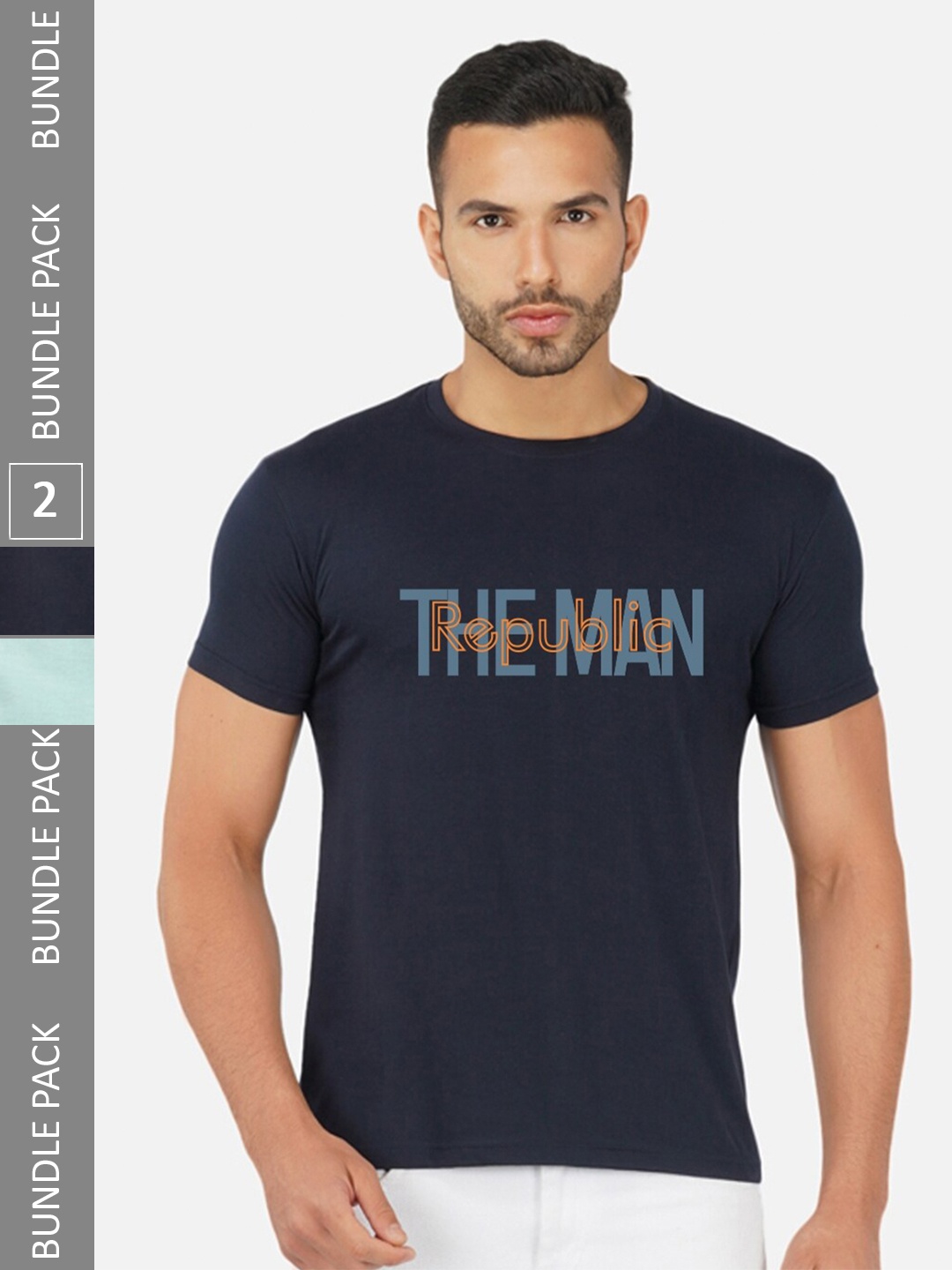 

CHOZI Pack Of 2 Typography Printed Round Neck Cotton Casual T-shirt, Navy blue