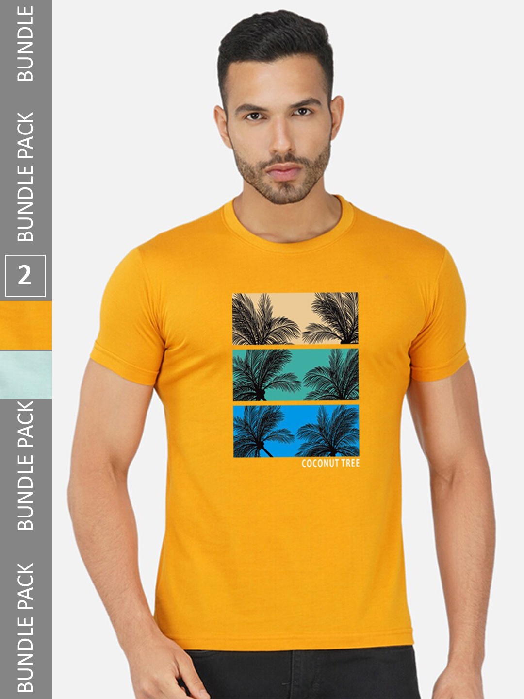 

CHOZI Pack Of 2 Graphic Printed Round Neck Cotton Casual T-shirt, Mustard