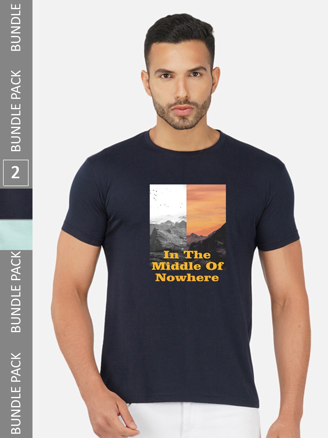 

CHOZI Pack Of 2 Typography Printed Round Neck Cotton Casual T-shirt, Navy blue