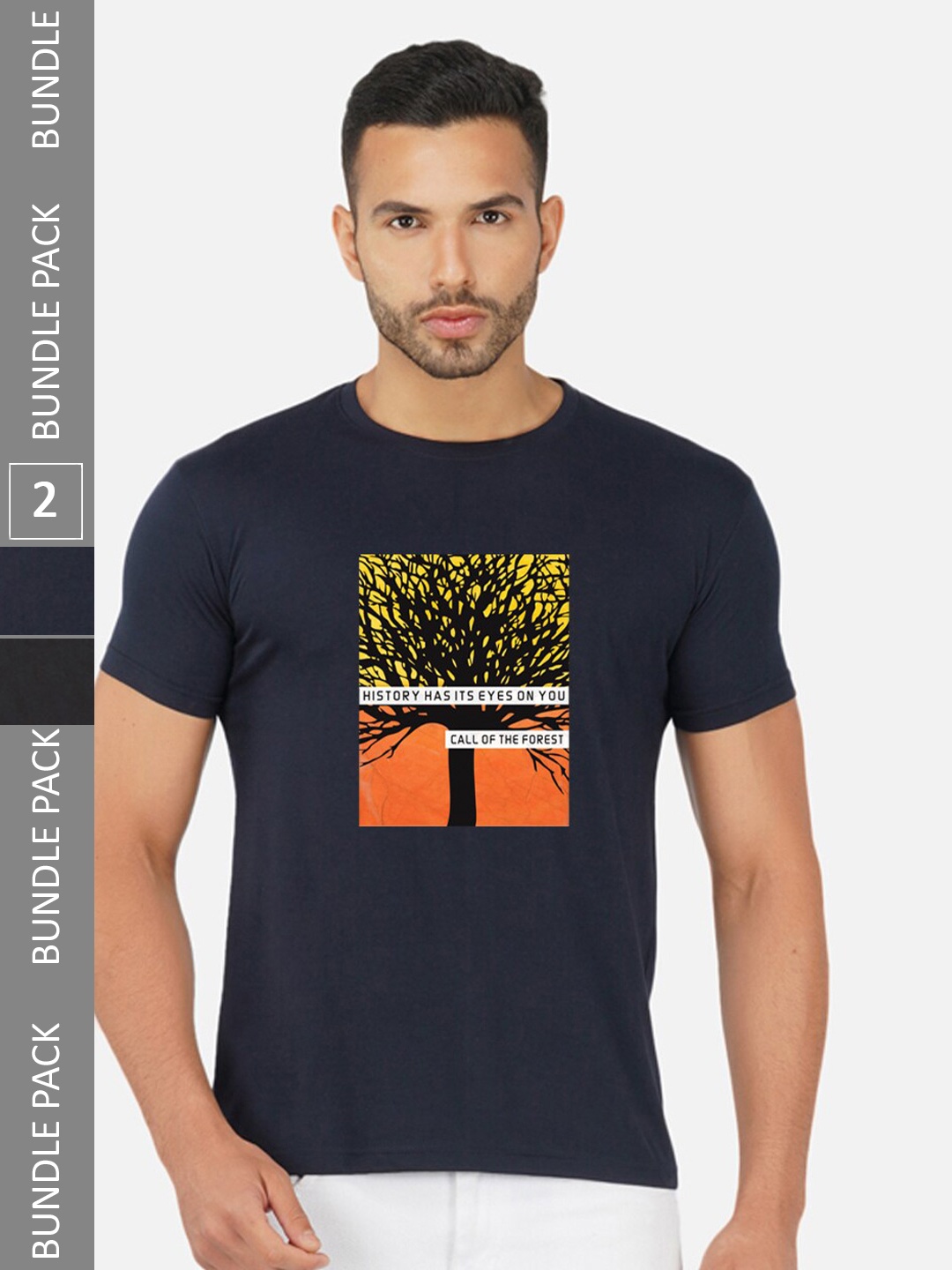 CHOZI Pack Of 2 Graphic Printed Round Neck Cotton Casual T-shirt, Navy blue