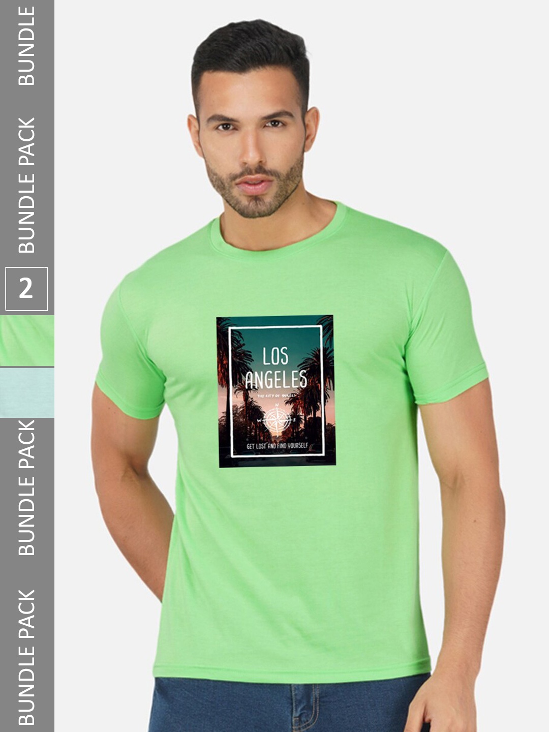 

CHOZI Pack Of 2 Graphic Printed Round Neck Cotton Casual T-shirt, Lime green