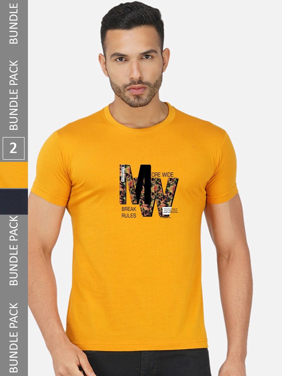 

CHOZI Pack Of 2 Typography Printed Round Neck Cotton Casual T-shirt, Mustard