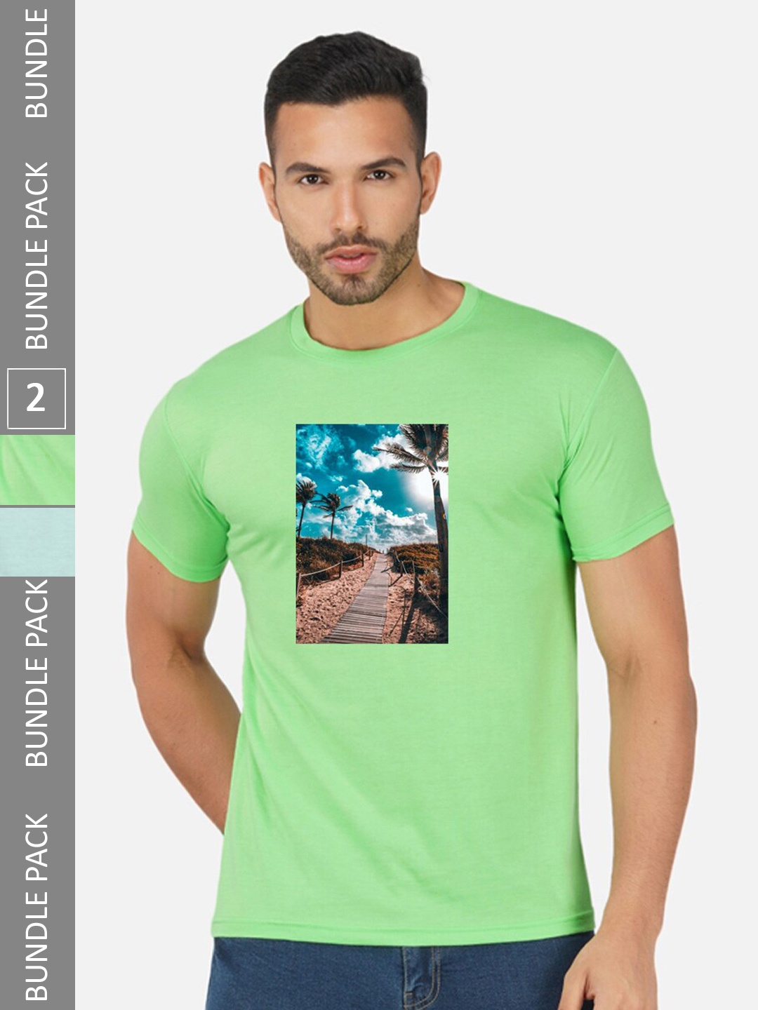 

CHOZI Pack Of 2 Graphic Printed Regular Fit Cotton Casual T-shirt, Lime green