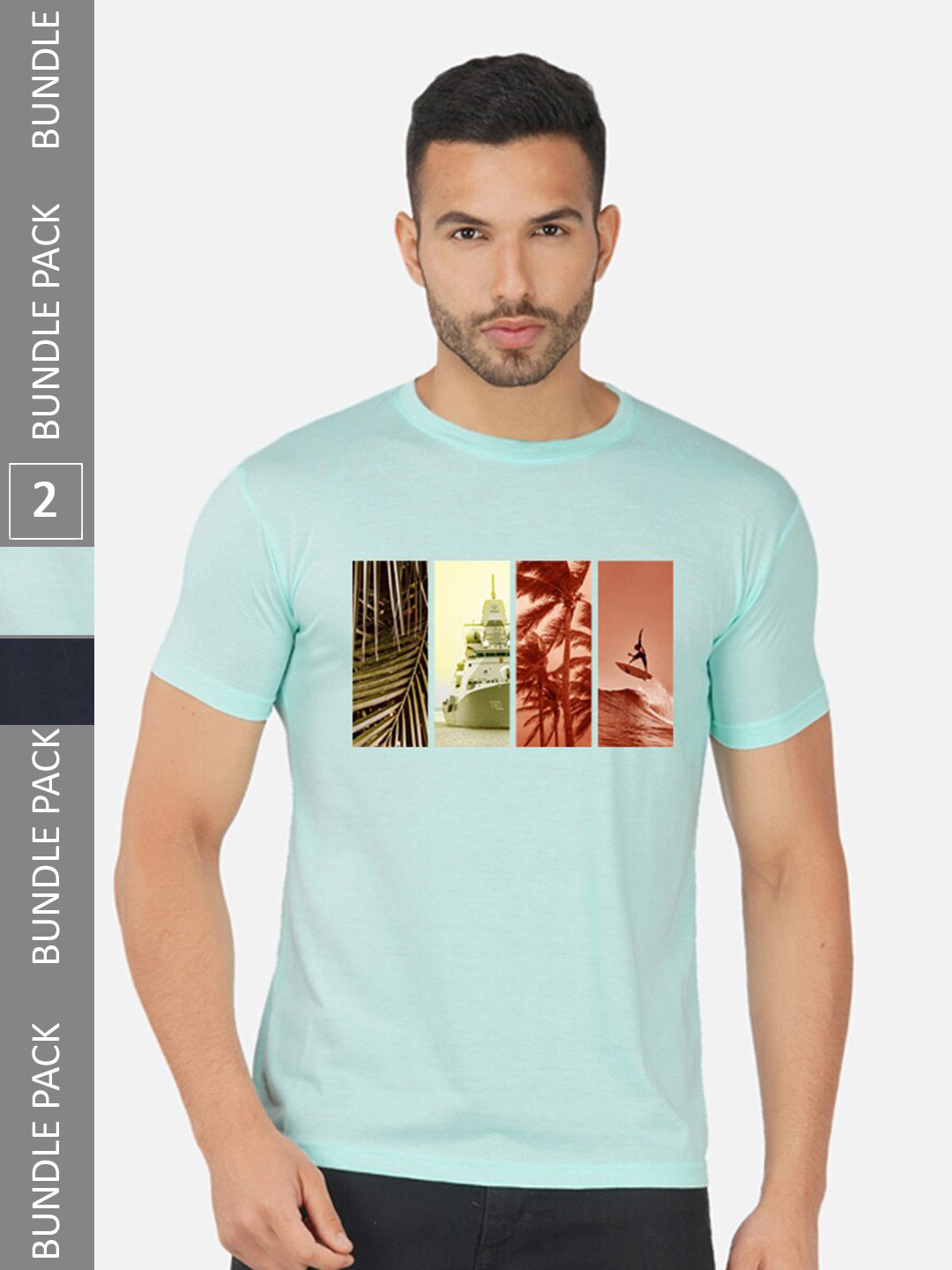 

CHOZI Pack Of 2 Graphic Printed Regular Fit Cotton Casual T-shirt, Turquoise blue